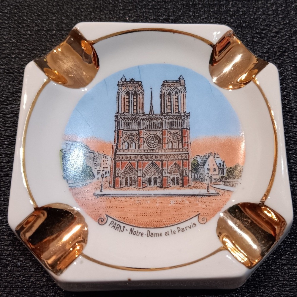 Vintage Limoges France Paris Notre-Dame Porcelain Ashtray Gold Trim Souvenir